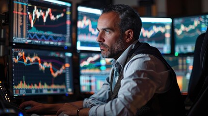 A professional trader in a sleek office, analyzing stock market trends on multiple monitors, highlighting expertise and commitment.