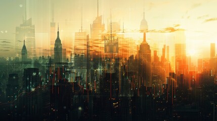 A creative double exposure of a cityscape with stock market charts overlaying, representing the integration of finance and urban life.