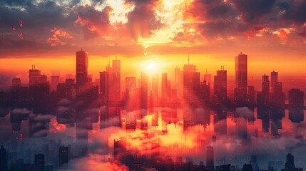 Fototapeta premium A futuristic financial district skyline at sunset, with skyscrapers reflecting the last rays of sunlight, symbolizing the global reach of the stock market.