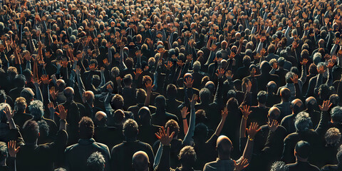 The Silent Majority: A massive crowd, faces obscured by shadow, hands raised in unison.