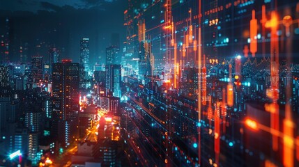 A conceptual image of a digital stock market interface superimposed over a cityscape at night, illustrating the integration of technology and finance.
