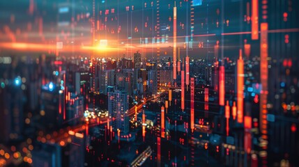 A conceptual image of a digital stock market interface superimposed over a cityscape at night, illustrating the integration of technology and finance.