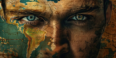 The Steady Gaze: An authoritative figure, eyes narrowed and jaw clenched, standing before a large map of the world.