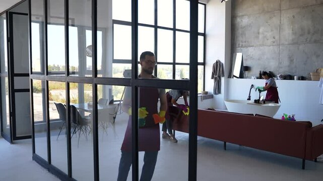 Timelapse of expert cleanup of living spaces, including disinfecting and sanitizing for a pristine look. Timelapse in motion