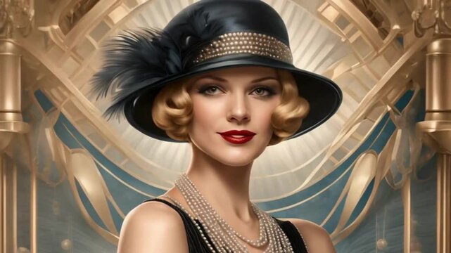 A woman wearing a vintage flapper dress, along with a cloche hat and stylish beaded accessories