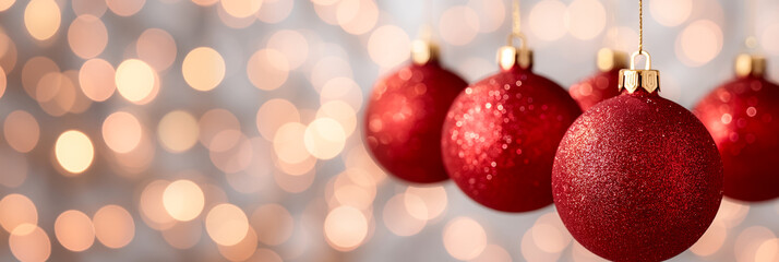 Fototapeta premium Shiny red Christmas balls hanging blurred background with golden bokeh lights classic holiday feel 