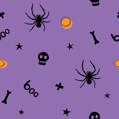 Halloween seamless pattern with spiders, bones, skulls, other holiday symbols. Vector illustration, wrapped paper, background and texture in flat doodle style, isolated.
