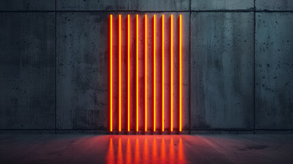 Vertical lines of neon orange light on a cement wall dark background minimalist style 