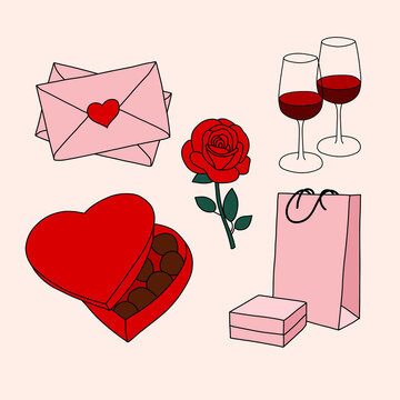 Valentines Celebration Love Icon Set with Chocolate, Wine Glasses, Rose, Love Letter and Pink Bag