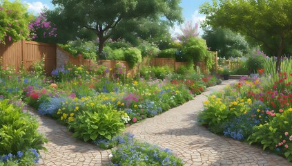 Obraz premium Path in the garden, flowers in the garden