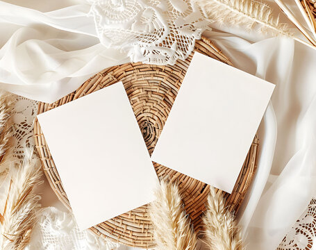 There are two blank cards placed on a beautifully woven tray alongside fabric pieces. Wedding invitation mock up.
