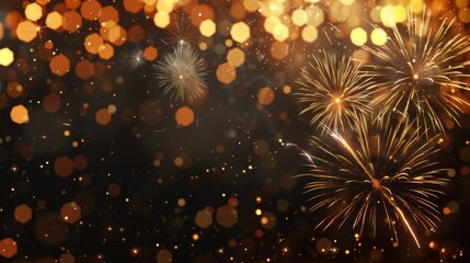 Obraz premium Silvester 2025, New Year's Eve, New Year, Festival Party celebration holiday background banner panorama - Golden firework fireworks pyrotechnics on dark black night sky