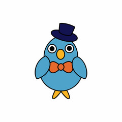 Doodle bird with a fancy hat and bow tie, white background