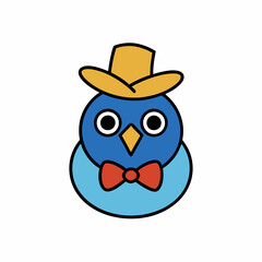 Doodle bird with a fancy hat and bow tie, white background