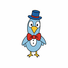 Doodle bird with a fancy hat and bow tie, white background