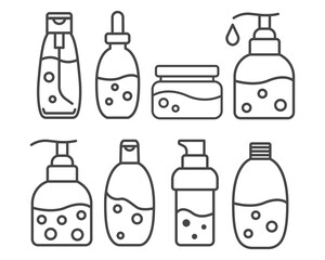 Collection vector icons of beauty, cosmetics and care. Bottle, jar, shower gel, face cream, body lotion, spray, ointment, paste.