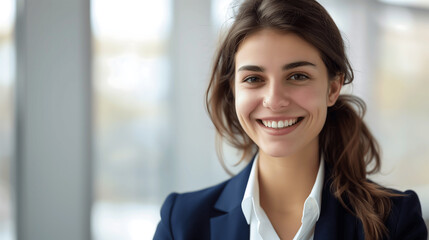 Fototapeta premium Professional Young Woman Smiling Confidently in Modern Office Setting