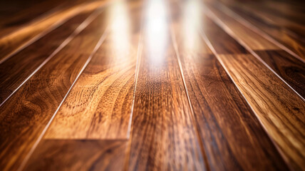 close up of polished dark wood background with a glossy finish reflecting light 