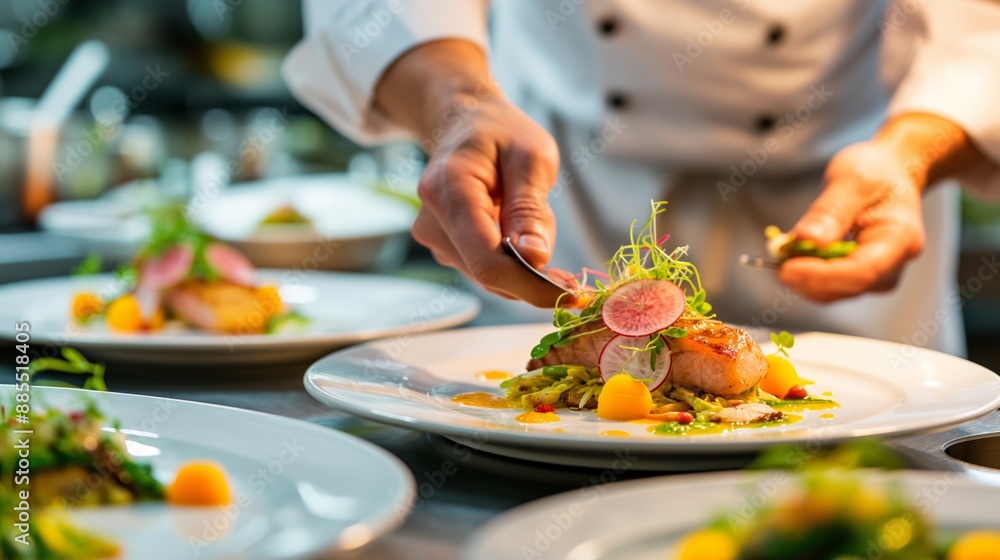 Poster a chef is preparing a plate of food with a garnish of parsley. the plate is on a table and the chef 