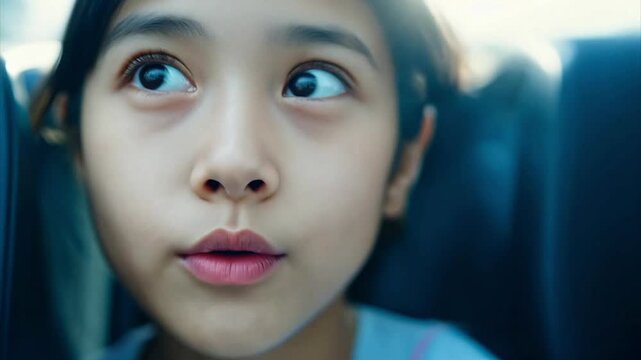 Close up of young spunky Japanese woman's face as she rides a subway through the city.