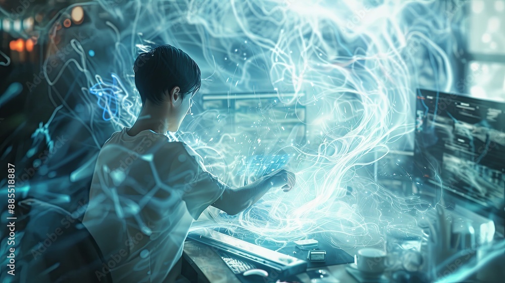 Poster the person working on a computer with a background that includes abstract graphics of technology, in