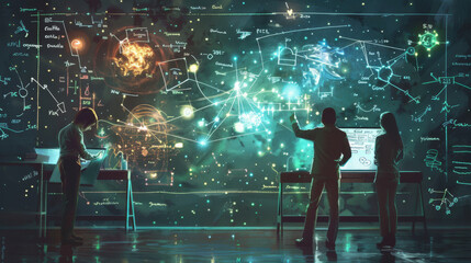 Physicists working with particle accelerators, studying quantum mechanics, or demonstrating principles of electricity and magnetism. Include equations and diagrams on chalkboards or screens. 