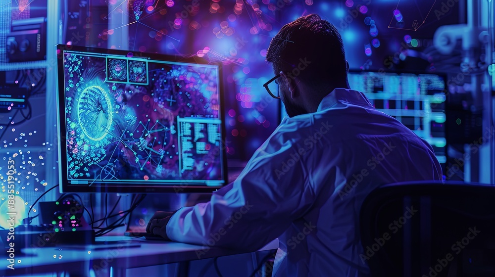 Poster the person working on a computer with a background that includes abstract graphics of technology, in