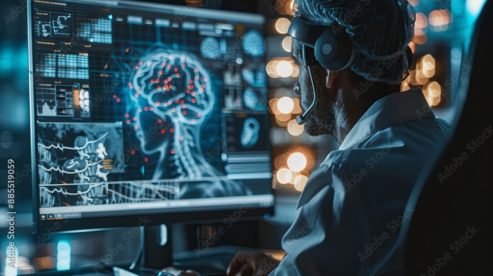 Fototapete The person working on a computer with a background that includes abstract graphics of technology, in the style of medical care, selective focus, shaped canvas, commission for, uhd image, light silver 
