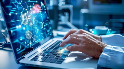 The person working on a computer with a background that includes abstract graphics of technology, in the style of medical care, selective focus, shaped canvas, commission for, uhd image, light silver 