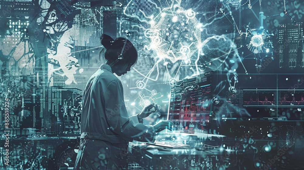 Fototapete The person working on a computer with a background that includes abstract graphics of technology, in the style of medical care, selective focus, shaped canvas, commission for, uhd image, light silver 