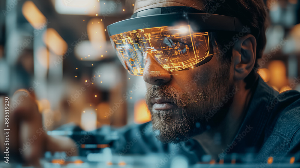 Poster design team using augmented reality glasses to work on 3d models, modern workspace with digital and 