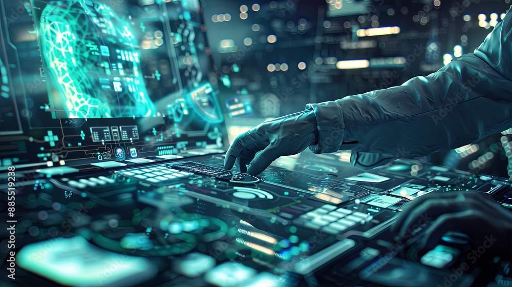 Poster the person working on a computer with a background that includes abstract graphics of technology, in