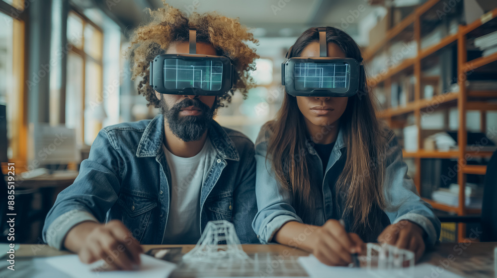 Poster design team using augmented reality glasses to work on 3d models, modern workspace with digital and 