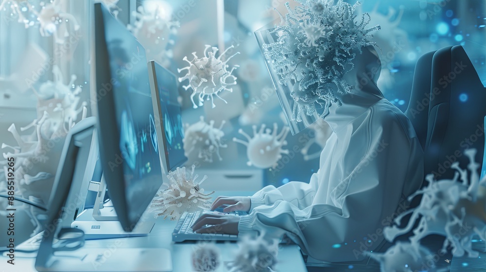 Fototapete The person working on a computer with a background that includes abstract graphics of technology, in the style of medical care, selective focus, shaped canvas, commission for, uhd image, light silver 