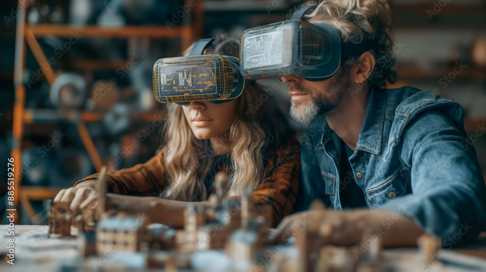 Poster design team using augmented reality glasses to work on 3d models, modern workspace with digital and 