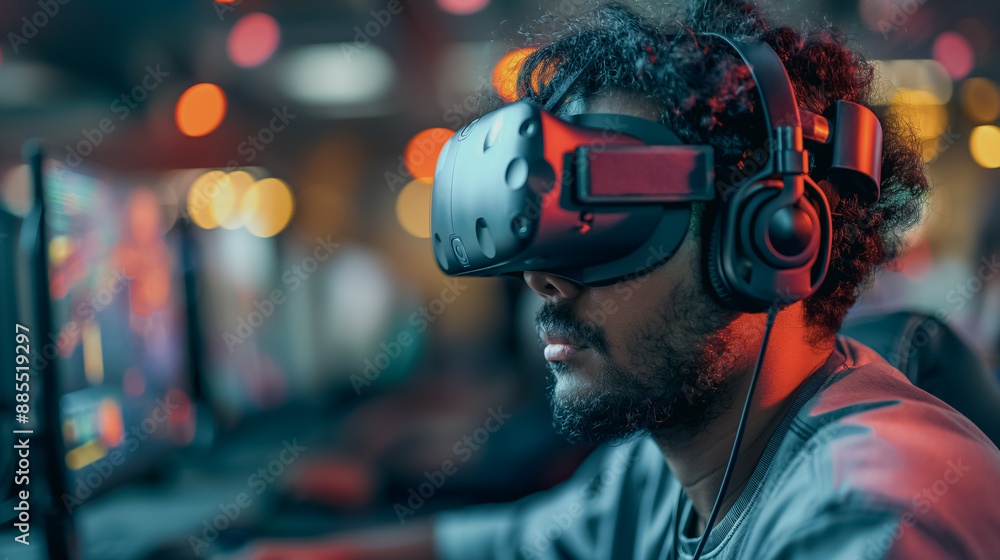 Poster gamer deeply engaged in a vr game, surrounded by vibrant and dynamic virtual landscapes, intricate c