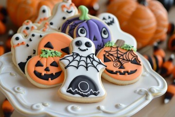 Obraz premium Halloween baking class, students decorating cookies, festive treats, Watercolor style