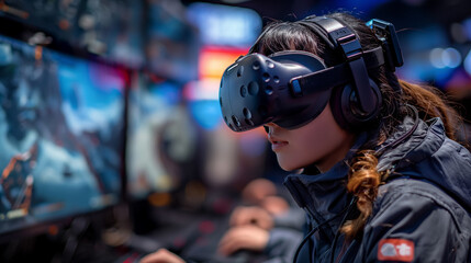 Individual gaming in virtual reality, enveloped by vivid dynamic landscapes, detailed characters and interactive elements, fully immersive high-tech experience.