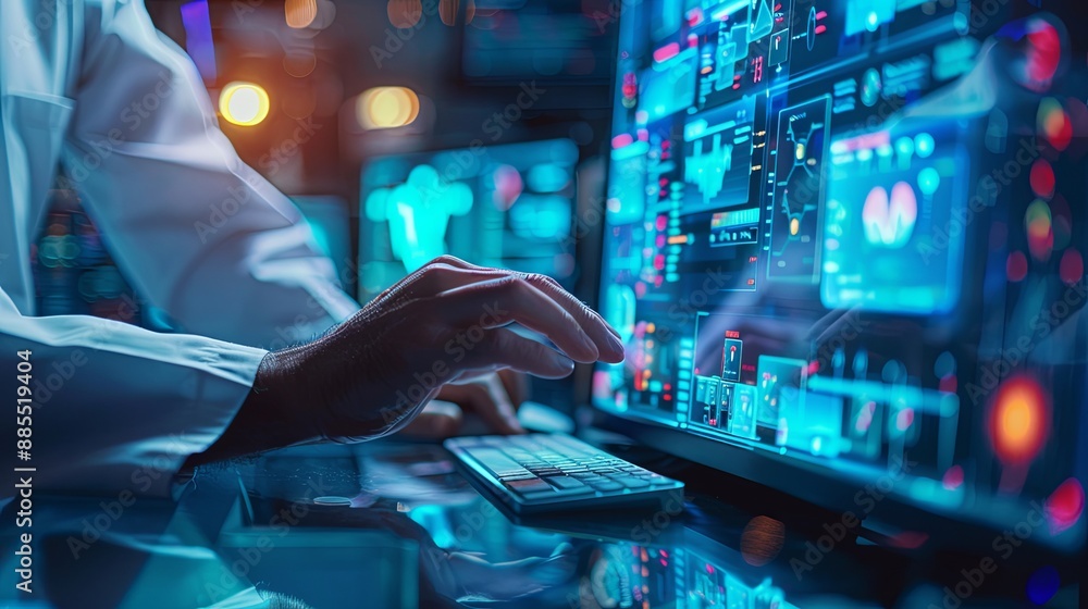 Fototapete The person working on a computer with a background that includes abstract graphics of technology, in the style of medical care, selective focus, shaped canvas, commission for, uhd image, light silver 
