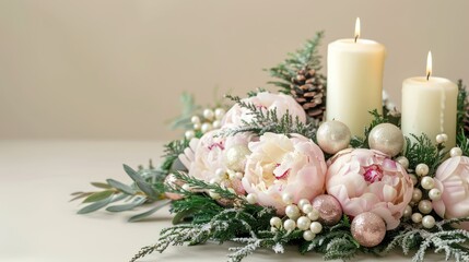 Romantic Christmas greeting background. Burning candles with decoration made of natural fir and pine cones and flowers on a pink background.