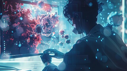 The person working on a computer with a background that includes abstract graphics of technology, in the style of medical care, selective focus, shaped canvas, commission for, uhd image, light silver