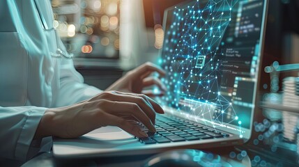The person working on a computer with a background that includes abstract graphics of technology, in the style of medical care, selective focus, shaped canvas, commission for, uhd image, light silver 