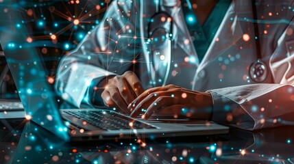 The person working on a computer with a background that includes abstract graphics of technology, in the style of medical care, selective focus, shaped canvas, commission for, uhd image, light silver 