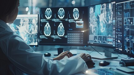 The person working on a computer with a background that includes abstract graphics of technology, in the style of medical care, selective focus, shaped canvas, commission for, uhd image, light silver 