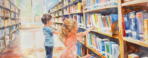 Obraz premium Children discovering school library, exploring bookshelves, Watercolor style