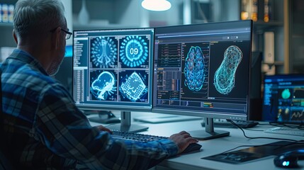 The person working on a computer with a background that includes abstract graphics of technology, in the style of medical care, selective focus, shaped canvas, commission for, uhd image, light silver 