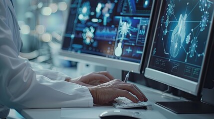 The person working on a computer with a background that includes abstract graphics of technology, in the style of medical care, selective focus, shaped canvas, commission for, uhd image, light silver 