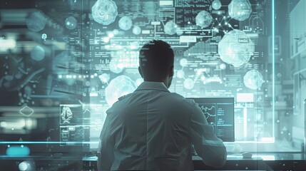 The person working on a computer with a background that includes abstract graphics of technology, in the style of medical care, selective focus, shaped canvas, commission for, uhd image, light silver 