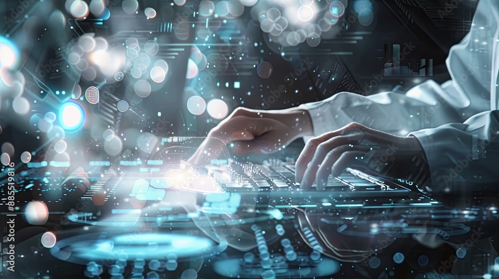 Poster the person working on a computer with a background that includes abstract graphics of technology, in
