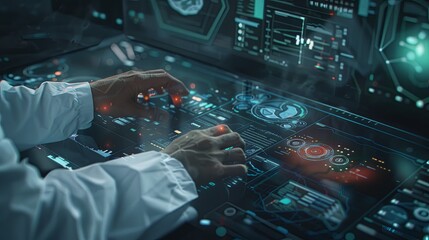 The person working on a computer with a background that includes abstract graphics of technology, in the style of medical care, selective focus, shaped canvas, commission for, uhd image, light silver 